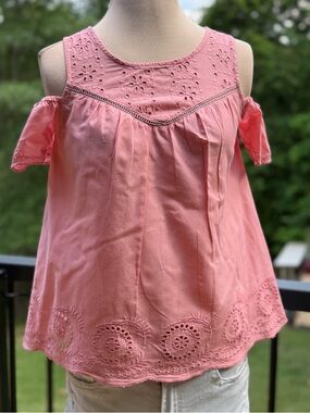 Red Camel Pink Coral Eyelet Embroidered Cold Shoulder Top XS Boho Cottagecore